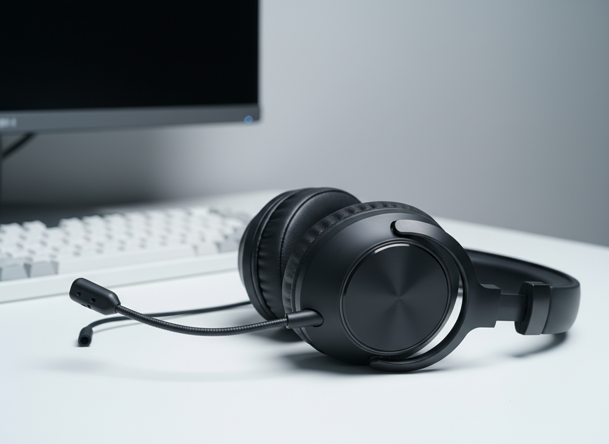 A close-up, side-angle view of a pair of mid-range gaming headphones resting on a clean white desk, focusing on the matte black ear cups, subtle brushed metal accents, and soft memory-foam cushions covered in smooth synthetic leather. The detachable microphone arm lies neatly beside them, hinting at versatility and practicality. In the softly blurred background, a neutral-toned monitor and a compact keyboard create context without distraction. Cool, diffused studio lighting from above and slightly behind the headphones creates gentle reflections on the metal surfaces and defined yet soft shadows. The mood is analytical and professional, with a minimalist, photographic look that emphasizes build quality, comfort, and value rather than flashy aesthetics, ideal for a product review or comparison article banner.