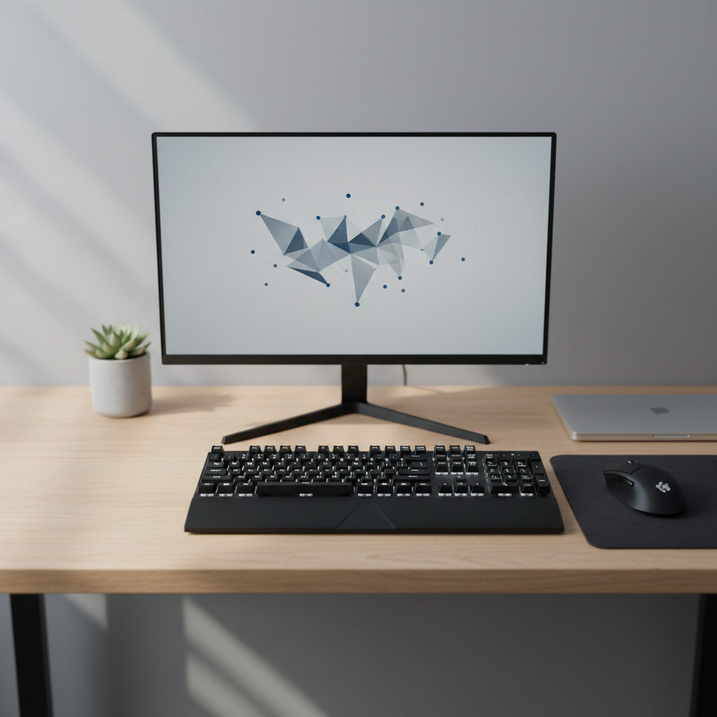 A meticulously arranged professional gaming desk setup featuring a sleek black mechanical keyboard with white backlighting, a high-precision wireless gaming mouse on a dark fabric mousepad, and a thin-bezel 27-inch monitor displaying a neutral abstract pattern. All peripherals appear premium yet practical, with subtle branding and no exaggerated RGB lighting, emphasizing value and quality. The desk is a light oak surface against a soft gray wall, with a small plant and a closed laptop pushed to the side, slightly out of focus. Soft, diffused daylight enters from the left, casting gentle shadows and clean highlights. Shot at eye level with a shallow depth of field, the composition is symmetrical and balanced, evoking a calm, corporate, photographic realism aesthetic suitable for a professional gaming product blog hero image.