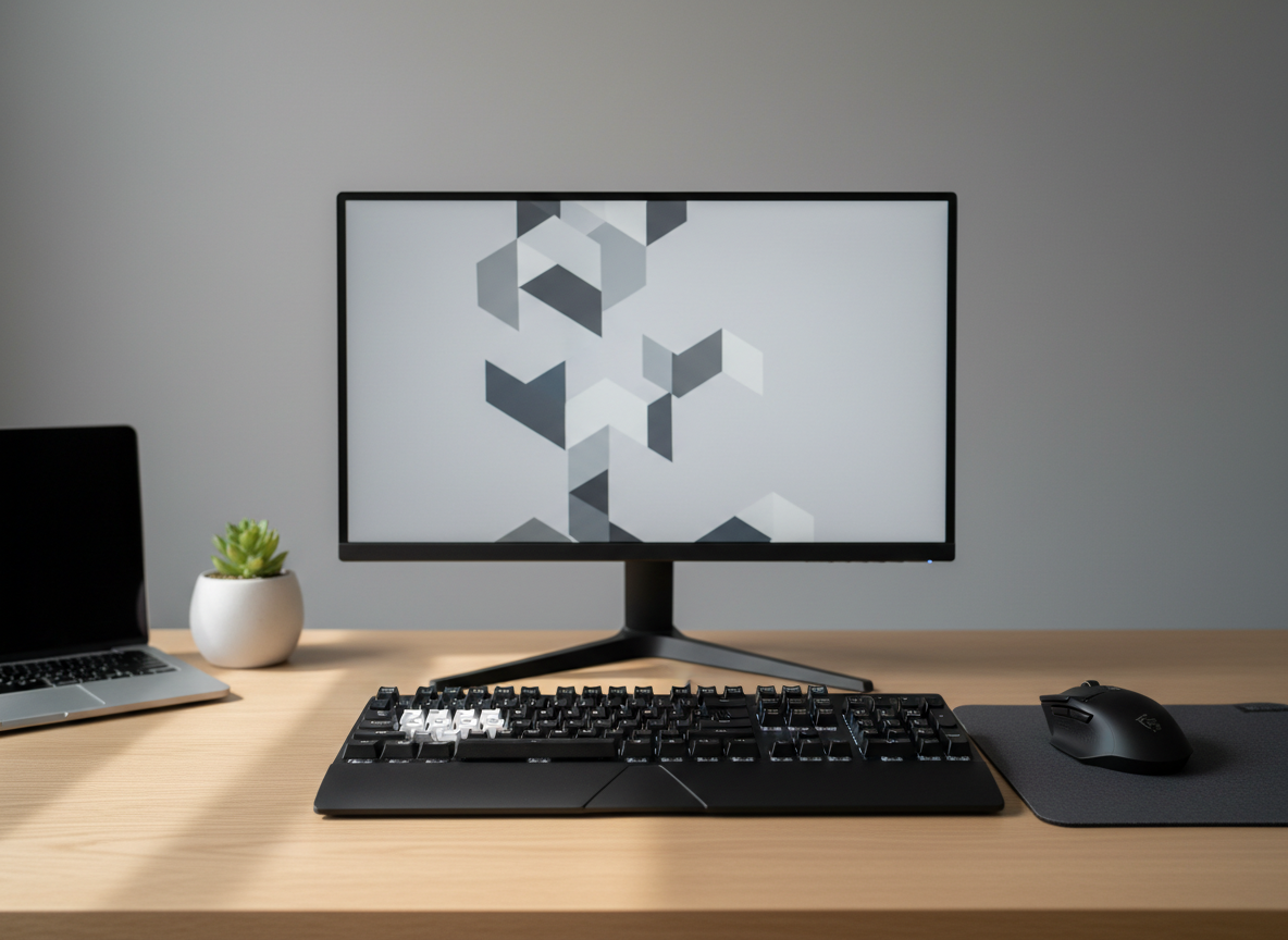 A meticulously arranged professional gaming desk setup featuring a sleek black mechanical keyboard with white backlighting, a high-precision wireless gaming mouse on a dark fabric mousepad, and a thin-bezel 27-inch monitor displaying a neutral abstract pattern. All peripherals appear premium yet practical, with subtle branding and no exaggerated RGB lighting, emphasizing value and quality. The desk is a light oak surface against a soft gray wall, with a small plant and a closed laptop pushed to the side, slightly out of focus. Soft, diffused daylight enters from the left, casting gentle shadows and clean highlights. Shot at eye level with a shallow depth of field, the composition is symmetrical and balanced, evoking a calm, corporate, photographic realism aesthetic suitable for a professional gaming product blog hero image.