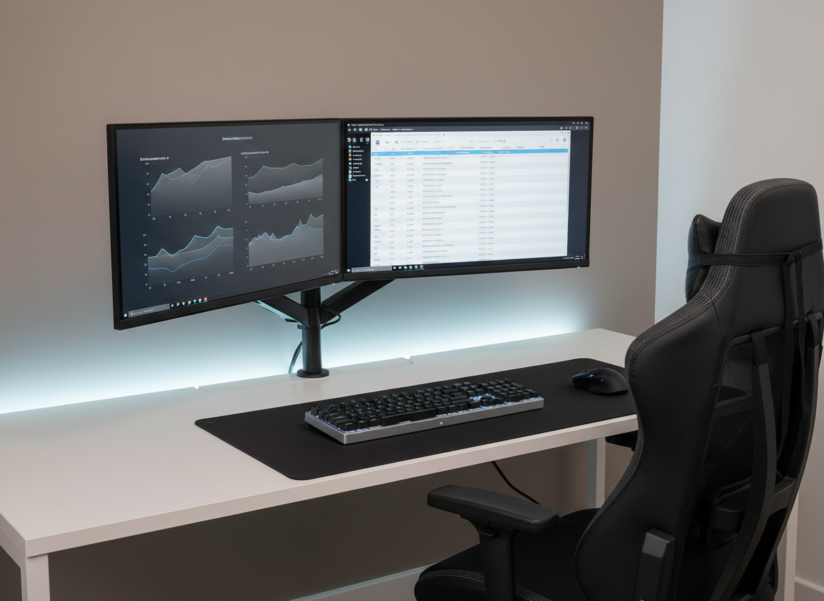 A carefully staged dual-monitor gaming workstation optimized for productivity and value, featuring two slim-bezel monitors on black metal arms, a compact TKL mechanical keyboard, and an ergonomic mid-range gaming chair partially visible from behind, all in coordinated black and gray tones. The monitors display neutral graphs and comparison tables instead of gameplay, emphasizing analysis and research. The desk is a spacious, clean white surface with cable management discreetly tucked away, set against a muted taupe wall. Cool, balanced LED strip lighting runs subtly along the back edge of the desk, creating a soft halo without overwhelming color. Captured from a slightly elevated three-quarter angle with sharp focus throughout, the scene feels structured, corporate, and trustworthy, ideal for a site about optimizing gaming setups on a budget.