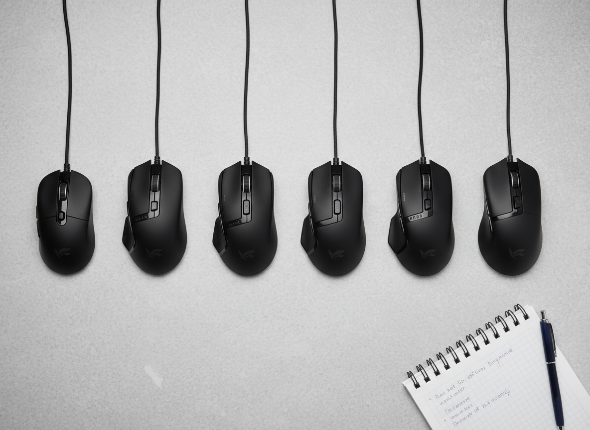 A top-down, flat-lay composition of several gaming mice aligned in a precise row on a light gray textured desk mat, each model slightly different in shape and size to suggest comparison of ergonomics and price ranges. Their designs are understated, mostly matte black with small, tasteful logos and a few subtle LED accents turned off to maintain a neutral tone. To the side, a simple notepad and pen indicate analytical note-taking. Soft overcast light from above ensures even illumination and minimal harsh shadows, giving the image a clean, catalog-like feel. The mood is methodical and data-driven, with photographic realism and a structured, corporate aesthetic perfect for illustrating a “best value gaming mice” comparison guide on a professional blog.