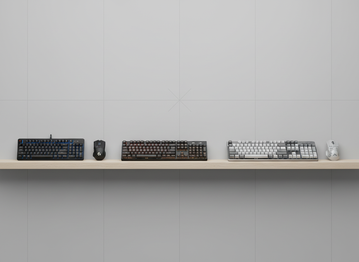 A neatly organized budget-to-premium gaming peripherals lineup displayed on a long, light-wood shelf, progressing from left to right: an affordable membrane keyboard and simple mouse, then mid-range mechanical options, finishing with a more robust but still understated high-end combo. Each item is spaced evenly, labels and logos oriented consistently to suggest systematic comparison. The wall behind is a smooth, neutral gray with faint gridlines, subtly evoking charts and benchmarks. Soft studio lighting from above and slightly to the front ensures clear visibility of details and subtle textures, with gentle shadows beneath each product enhancing depth. Captured straight-on with a wide lens and sharp focus, the atmosphere is orderly, informative, and corporate, perfectly suited for illustrating tiered buying guides or price-performance breakdowns on a professional Amazon affiliate gaming blog.